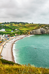 Image showing Panorama of natural chalk cliffs of Etretat