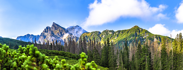 Image showing Polish Tatra mountains summer landscape with blue sky and white clouds.