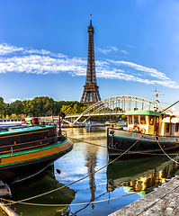 Image showing Two river boats near Eiffel tower in Paris, France