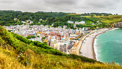 Image showing Panorama of natural chalk cliffs of Etretat