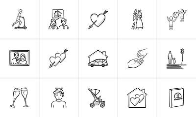 Image showing Wedding and family hand drawn sketch icon set.