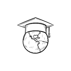 Image showing Globe in graduation cap hand drawn sketch icon.