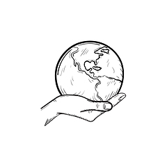 Image showing Hand holding the globe hand drawn sketch icon.