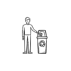 Image showing Man throwing garbage in a trash bin hand drawn icon.