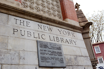 Image showing Exterior carved signage of Jefferson Market Library in New York 