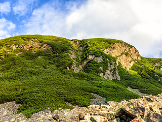 Image showing Polish Tatra mountains summer landscape with blue sky and white clouds.