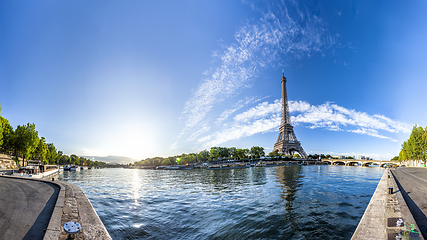 Image showing Panorama of the Eiffel Tower and riverside of the Seine in Paris