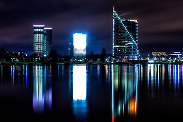 Image showing Riga night skyline with some skyscrapers