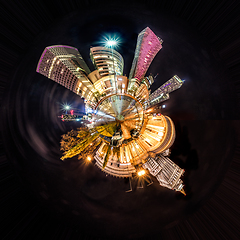 Image showing Miniature planet Warsaw - Night skyline with soviet era and modern skyscrapers