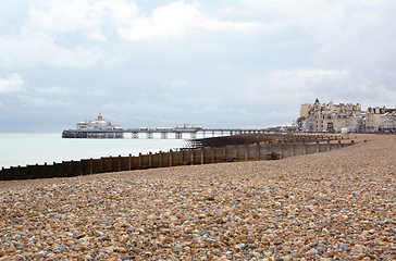 Image showing Eastbourne beach in East Sussex and famous Eastbourne pleasure p