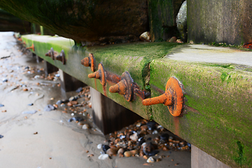 Image showing Detail of weathered, algae-covered groyne sea defence