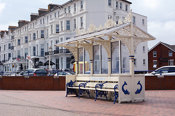 Image showing Ornate sheltered bench on Royal Parade in Eastbourne, England