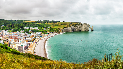 Image showing Panorama of natural chalk cliffs of Etretat