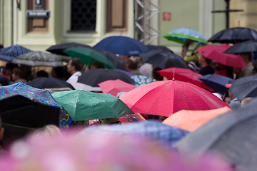 Image showing Crowd of people with umbrellas