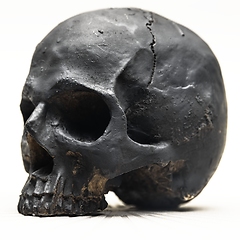 Image showing Spooky dark black skull aginast white background isolated