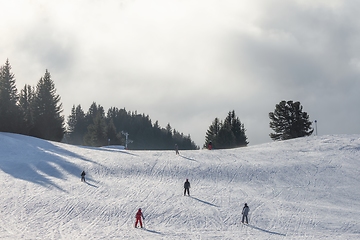 Image showing Foggy ski path with slopes