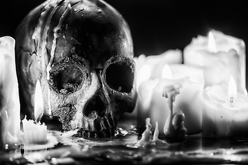 Image showing Candles and human skull in darkness closeup in black and whiter