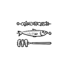 Image showing Skewer with shish kebab and fish hand drawn icon.