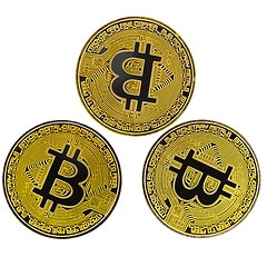Image showing Physical bitcoins against isolated white background macro photo