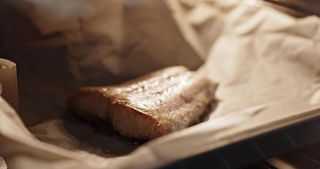 Image showing Salmon grilled in frying pen closeup