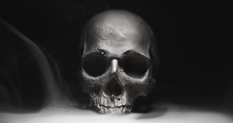 Image showing Black skull in the darkness with smoke and fog