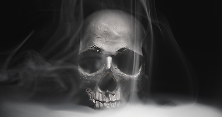 Image showing Black skull in the darkness with smoke and fog