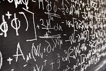 Image showing Mathematical formulas on dark black chalk board