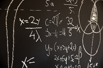 Image showing Mathematical formulas on dark black chalk board