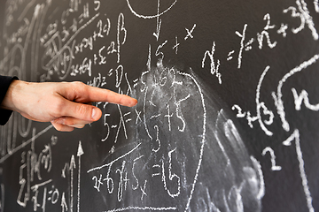 Image showing Mathematical formulas on dark black chalk board