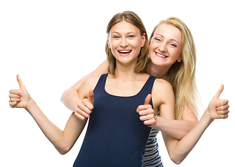 Image showing Two young happy women showing thumb up sign