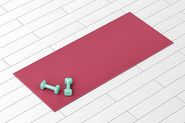 Image showing Dumbbells and red fitness mat
