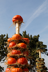 Image showing Ripe autumn pumpkins arranged on totem in farm