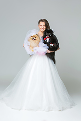 Image showing bride girl with Spitz dog wedding couple