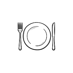 Image showing Plate with fork and knife hand drawn sketch icon.