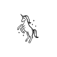 Image showing Unicorn with magic stars hand drawn sketch icon.