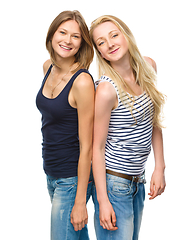 Image showing Two young happy women posing