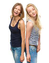 Image showing Two young happy women posing