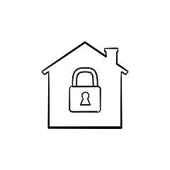 Image showing House with closed lock hand drawn outline doodle icon.