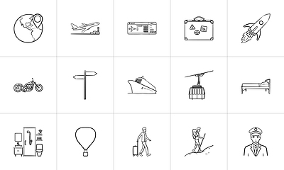 Image showing Travel and transport hand drawn outline doodle icon set.