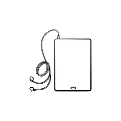 Image showing Tablet with headphones hand drawn outline doodle icon.