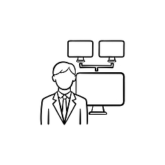 Image showing Businessman with computer network hand drawn outline doodle icon.