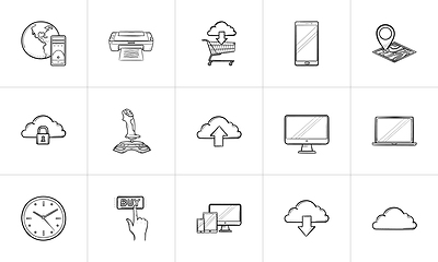 Image showing Cloud technology and mobile devices hand drawn outline doodle icon set.