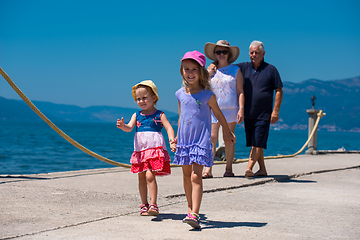 Image showing grandparents and granddaughters walking by the sea