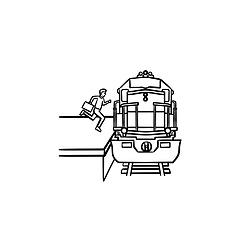 Image showing Train station and passenger gets on the train hand drawn outline doodle icon.