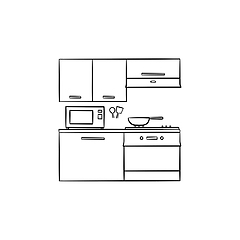 Image showing Kitchen interior and appliances hand drawn outline doodle icon.