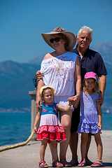 Image showing portrait of grandparents and granddaughters standing by the sea