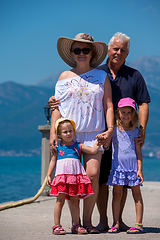 Image showing portrait of grandparents and granddaughters standing by the sea