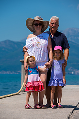 Image showing portrait of grandparents and granddaughters standing by the sea