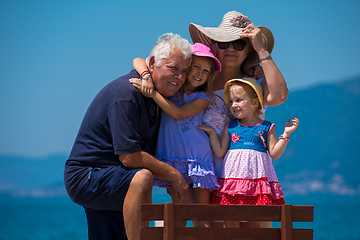 Image showing portrait of grandparents and granddaughters by the sea