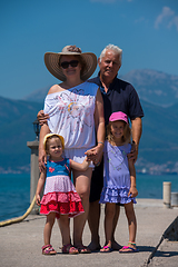 Image showing portrait of grandparents and granddaughters standing by the sea